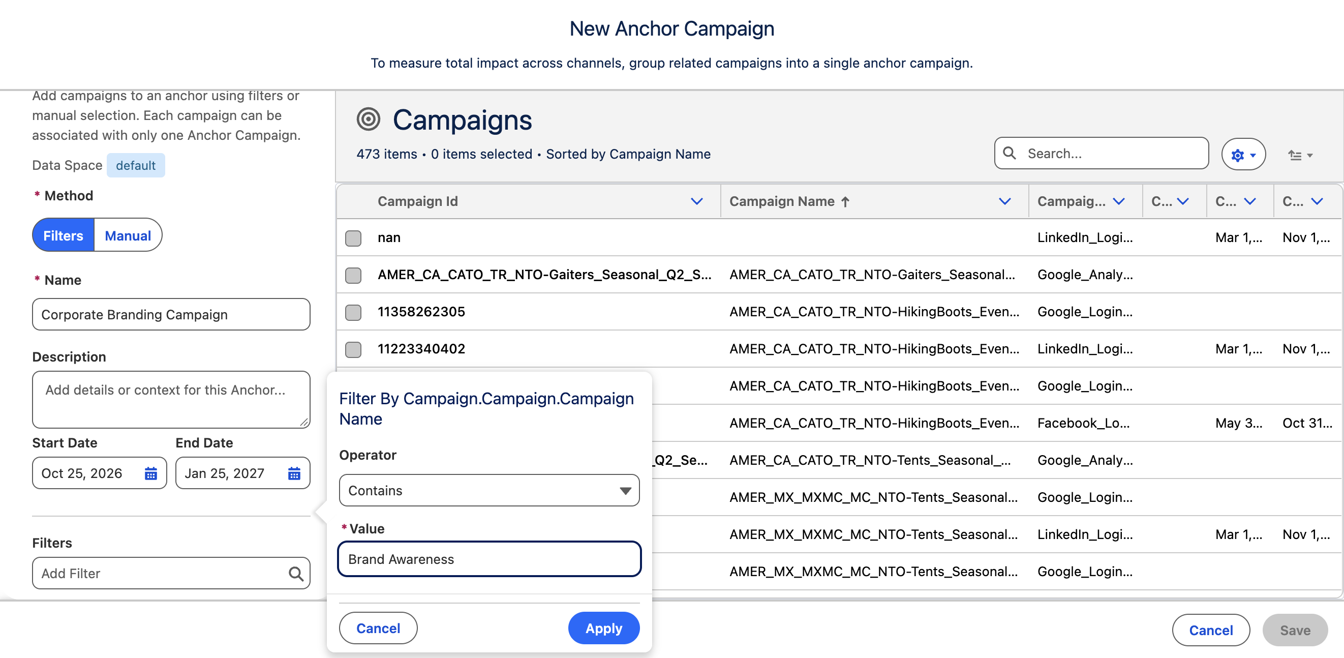 Configure filter for new anchor campaign