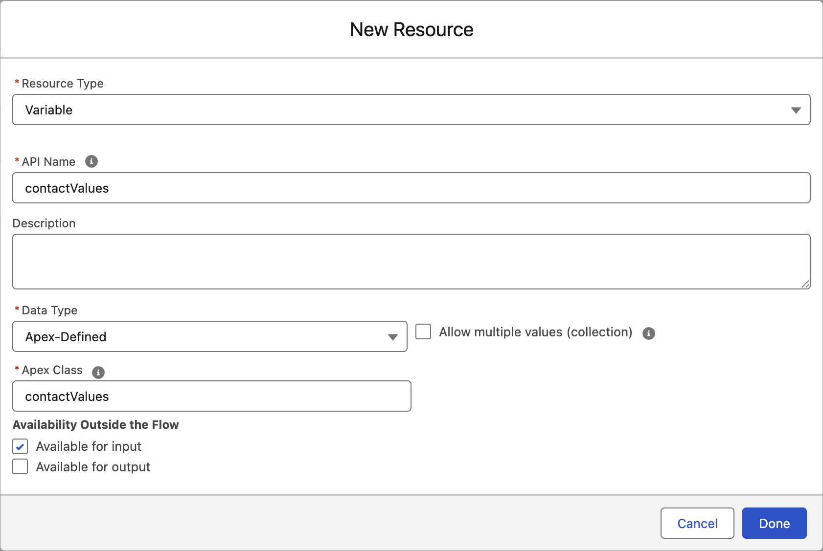 Defining an Apex Class Variable Resource in Flow