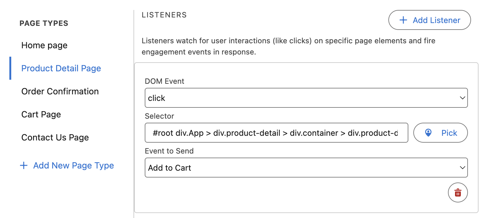 Configure Listener for product detail interaction event