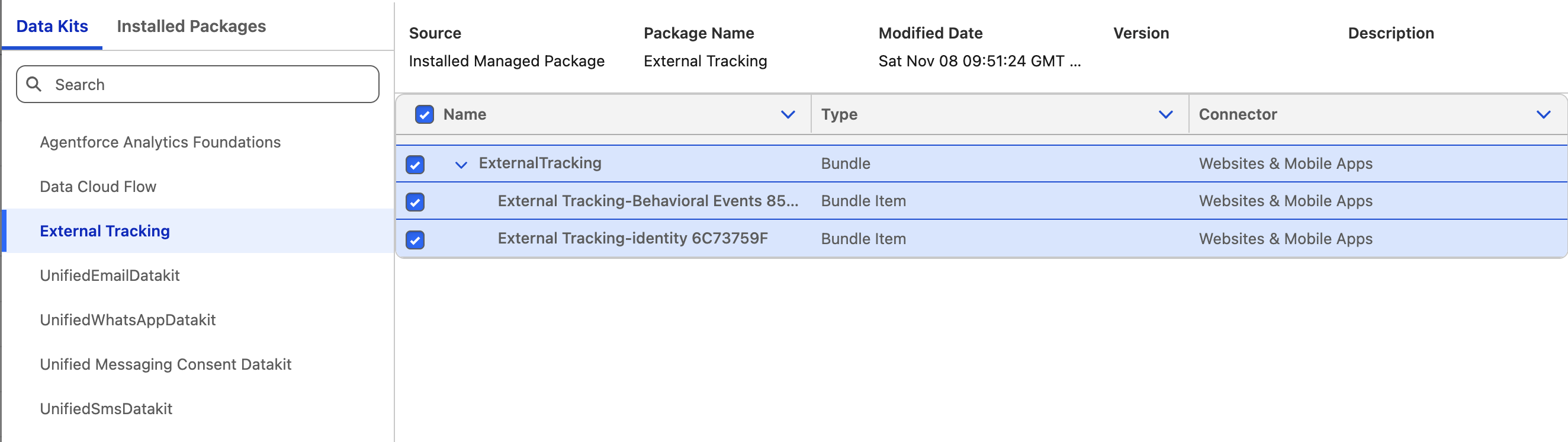 Select External Tracking Data Kits when creating a new data stream.