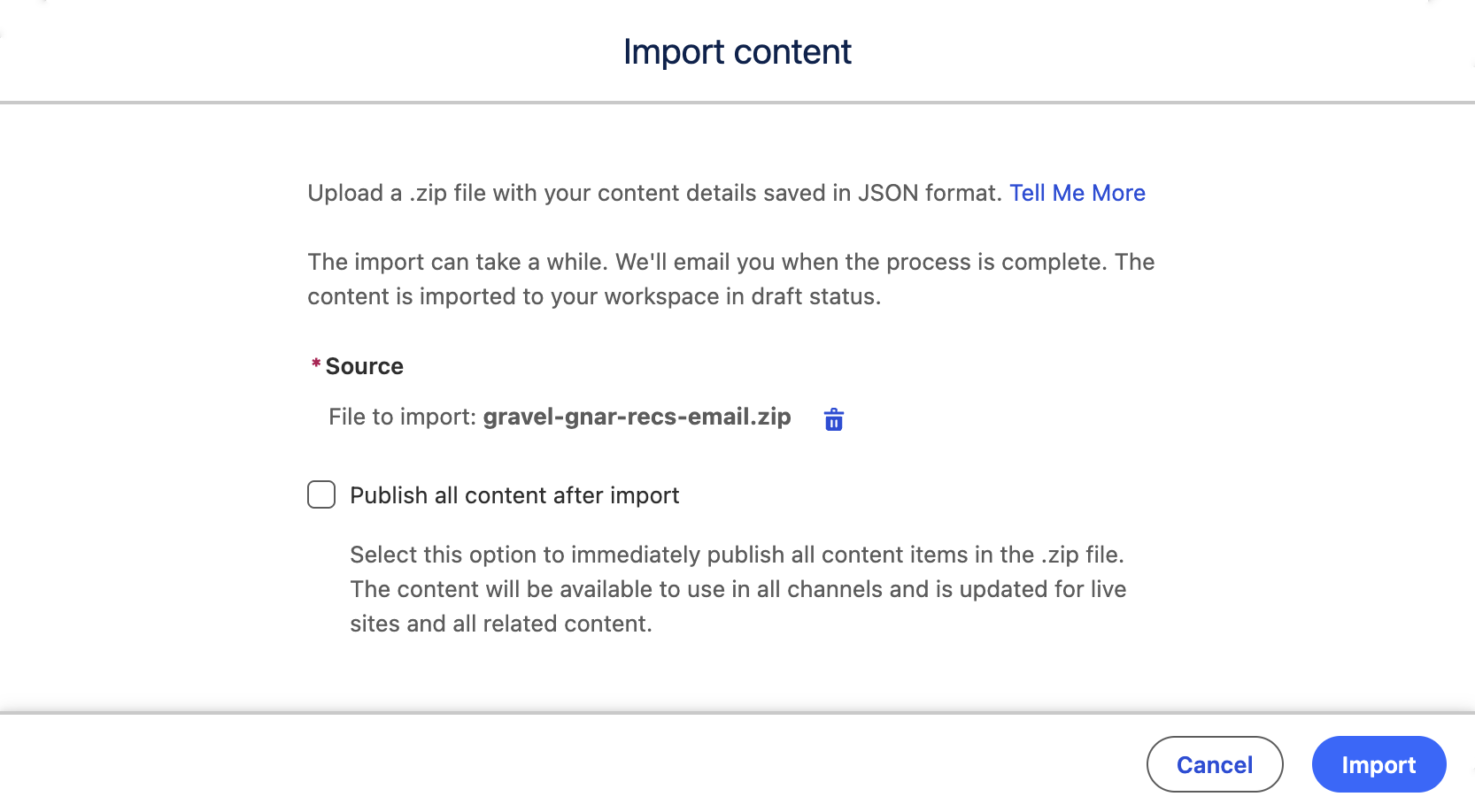 Import content to CMS workspace