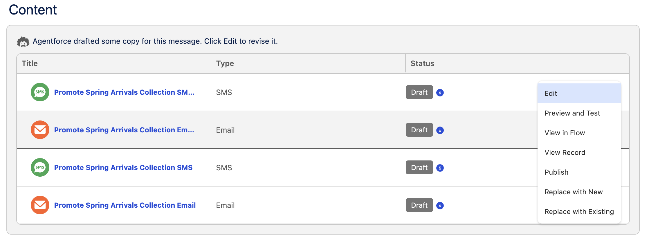 Launching email editor from campaign content page