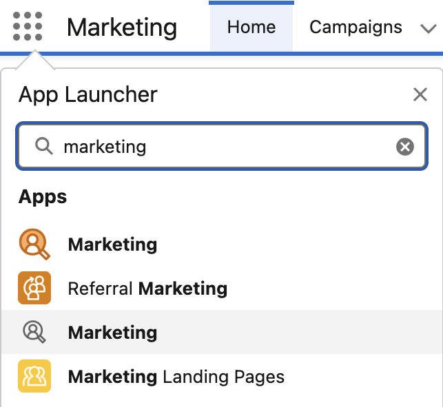 Select Marketing app from App Launcher