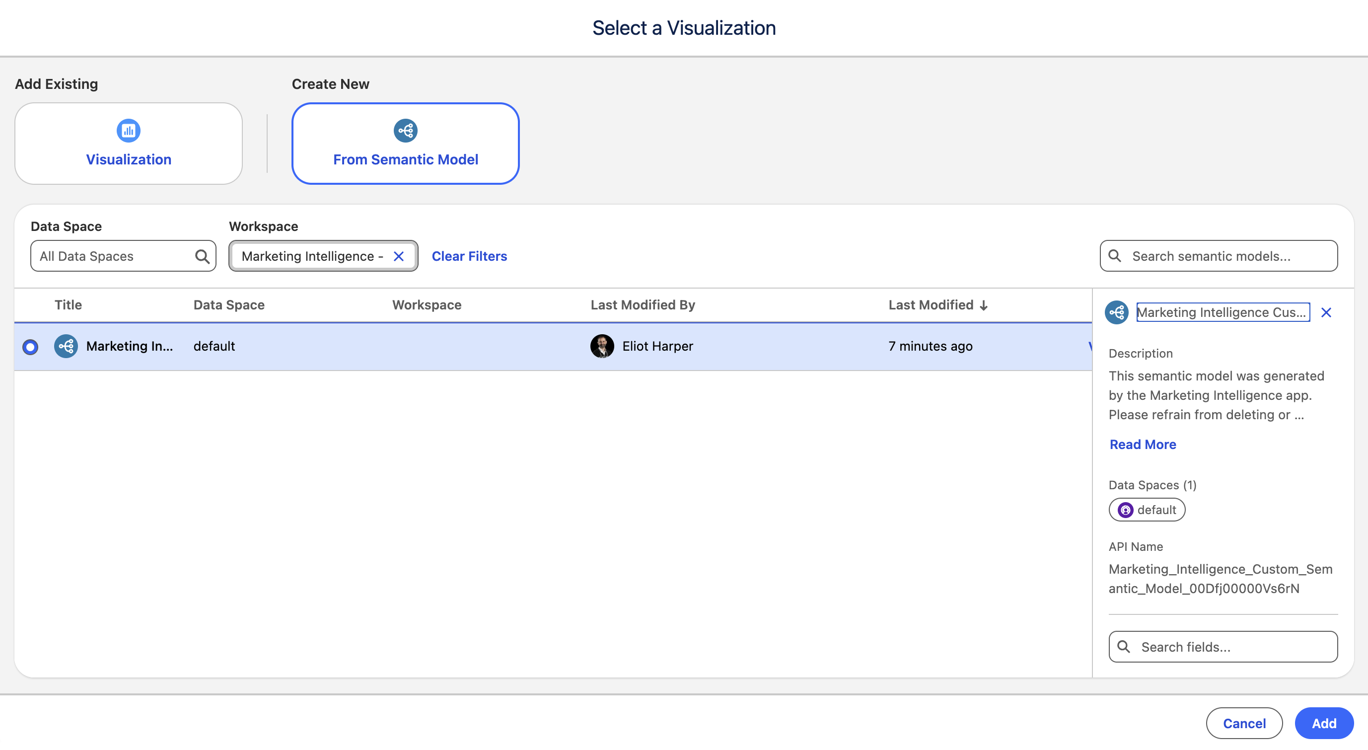 Create a new visualization from semantic model