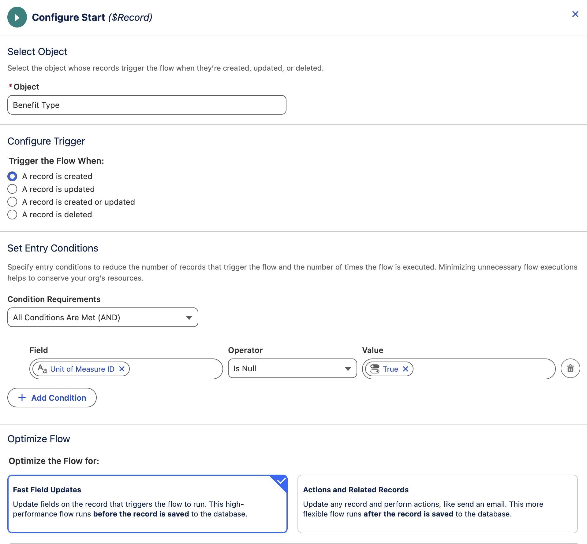Configure flow action for updating unit of measure on benefit type