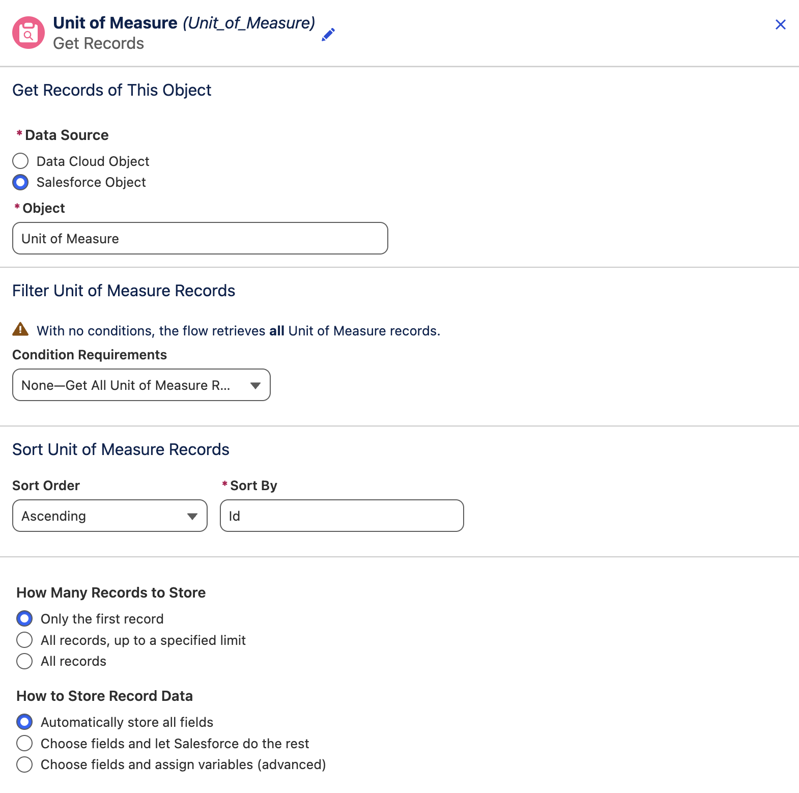 Configure Get Records flow element to retrieve unit of measure