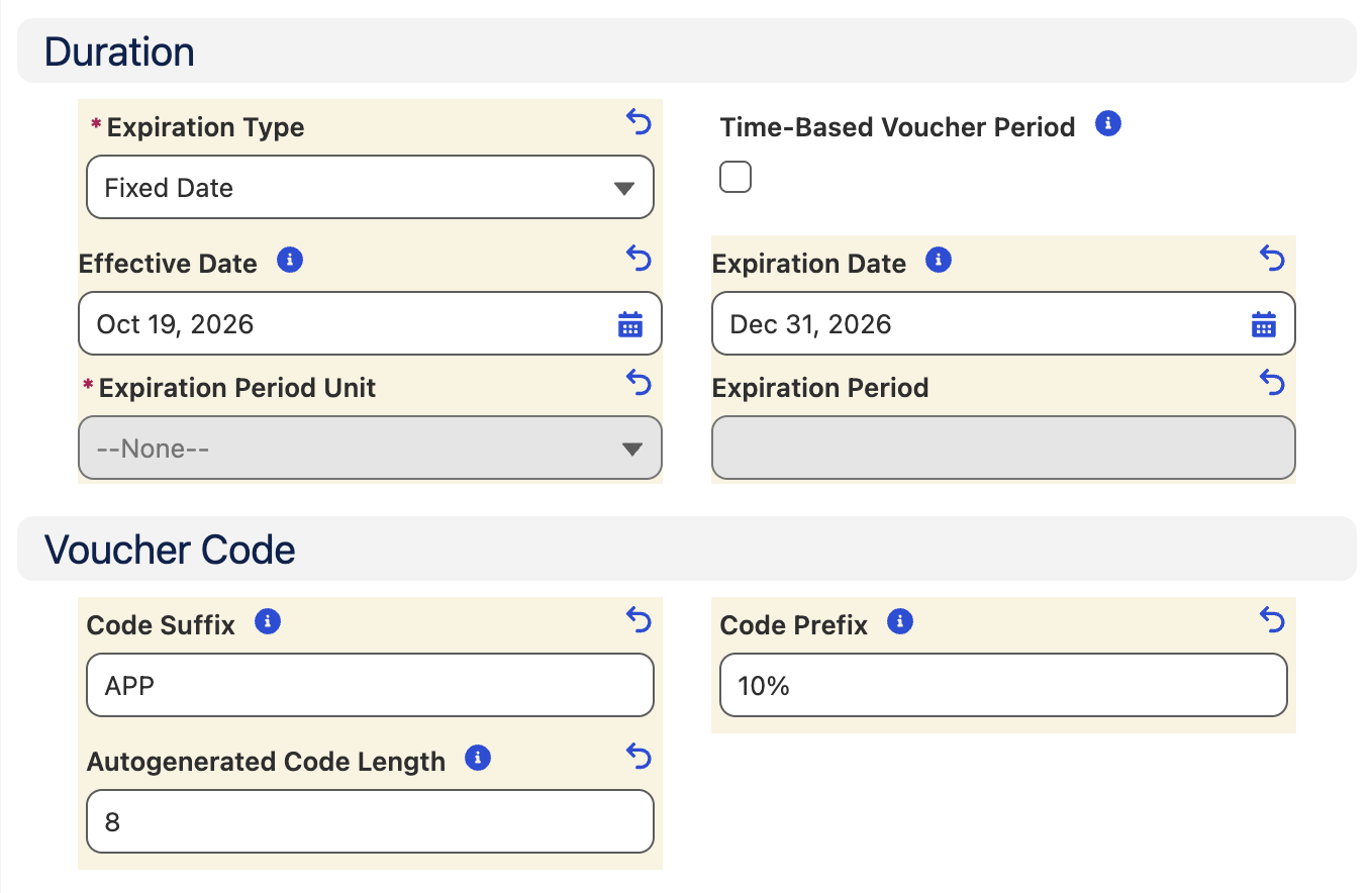 Set duration and code settings in voucher definition